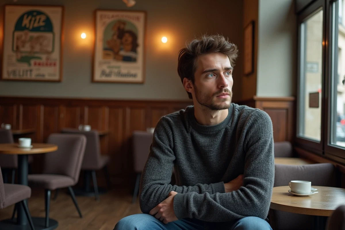 Acteur assis dans un café chaleureux avec posters vintage
