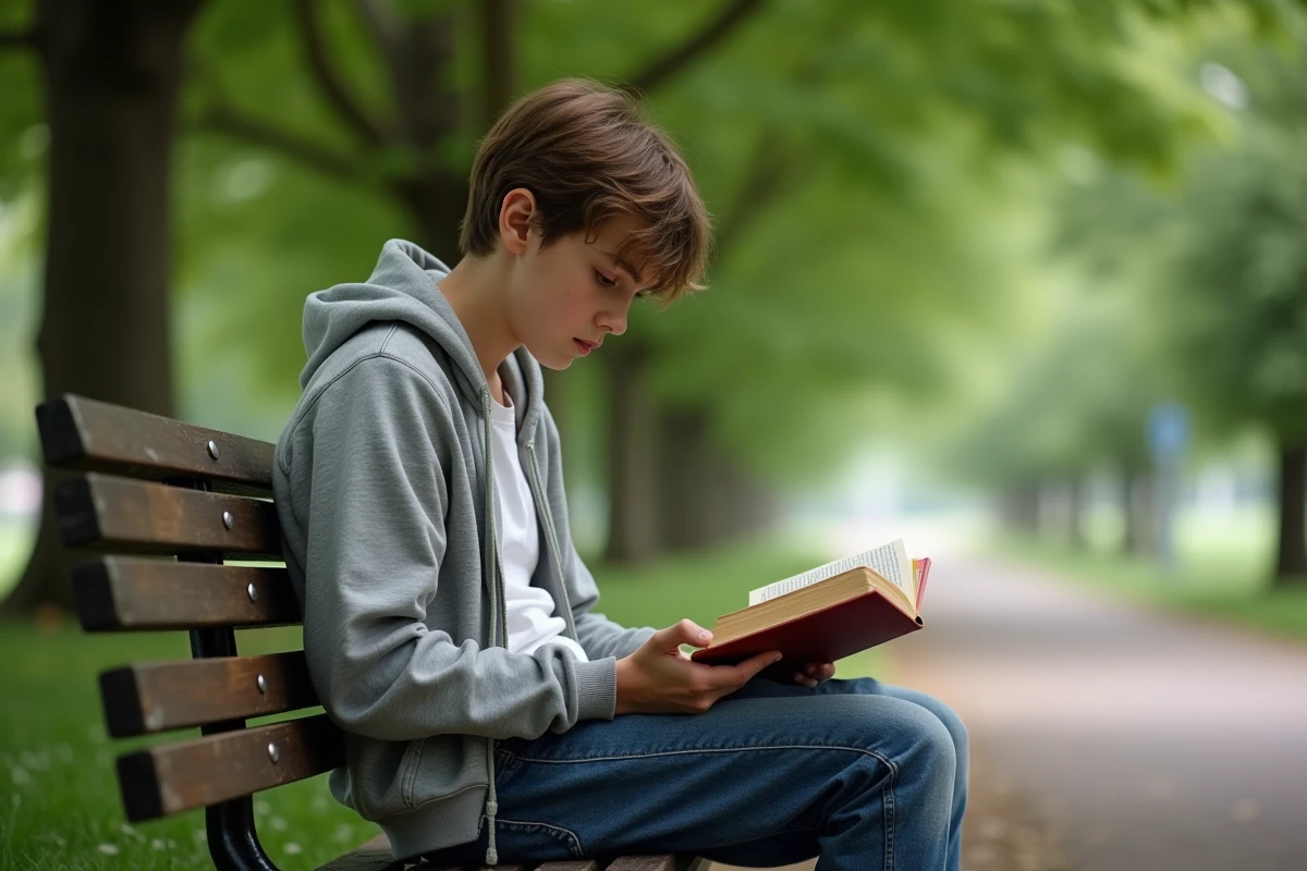 Adolescent lisant un livre de français dans un parc verdoyant