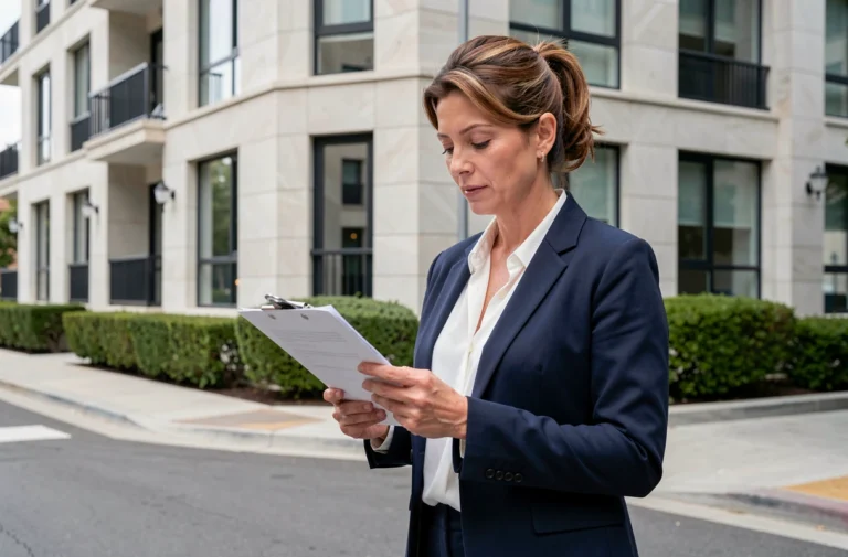 Agente immobilière professionnelle devant un immeuble en vente tenant des documents de transaction