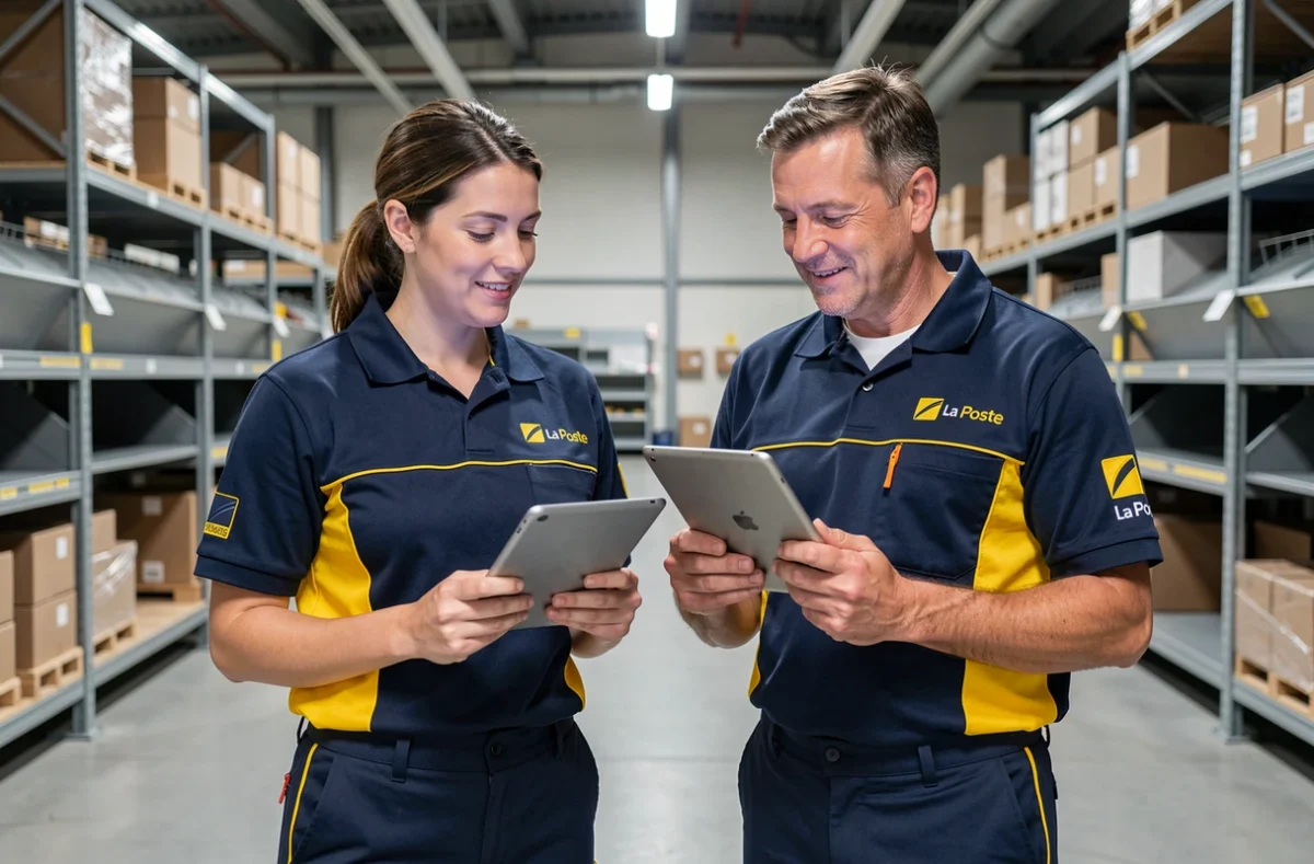 Deux agents La Poste consultant le catalogue de tenues professionnelles sur tablette dans un centre de tri