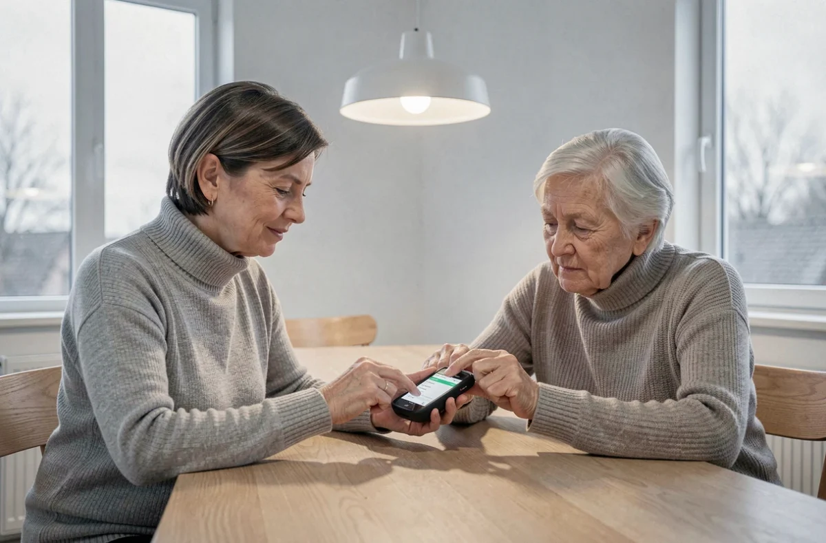 Femme montrant à une personne âgée comment écrire un SMS sur un téléphone Doro senior