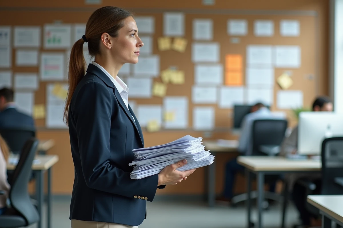 Une cadre submergée par les processus bureaucratiques de la centralisation dans un bureau en open space