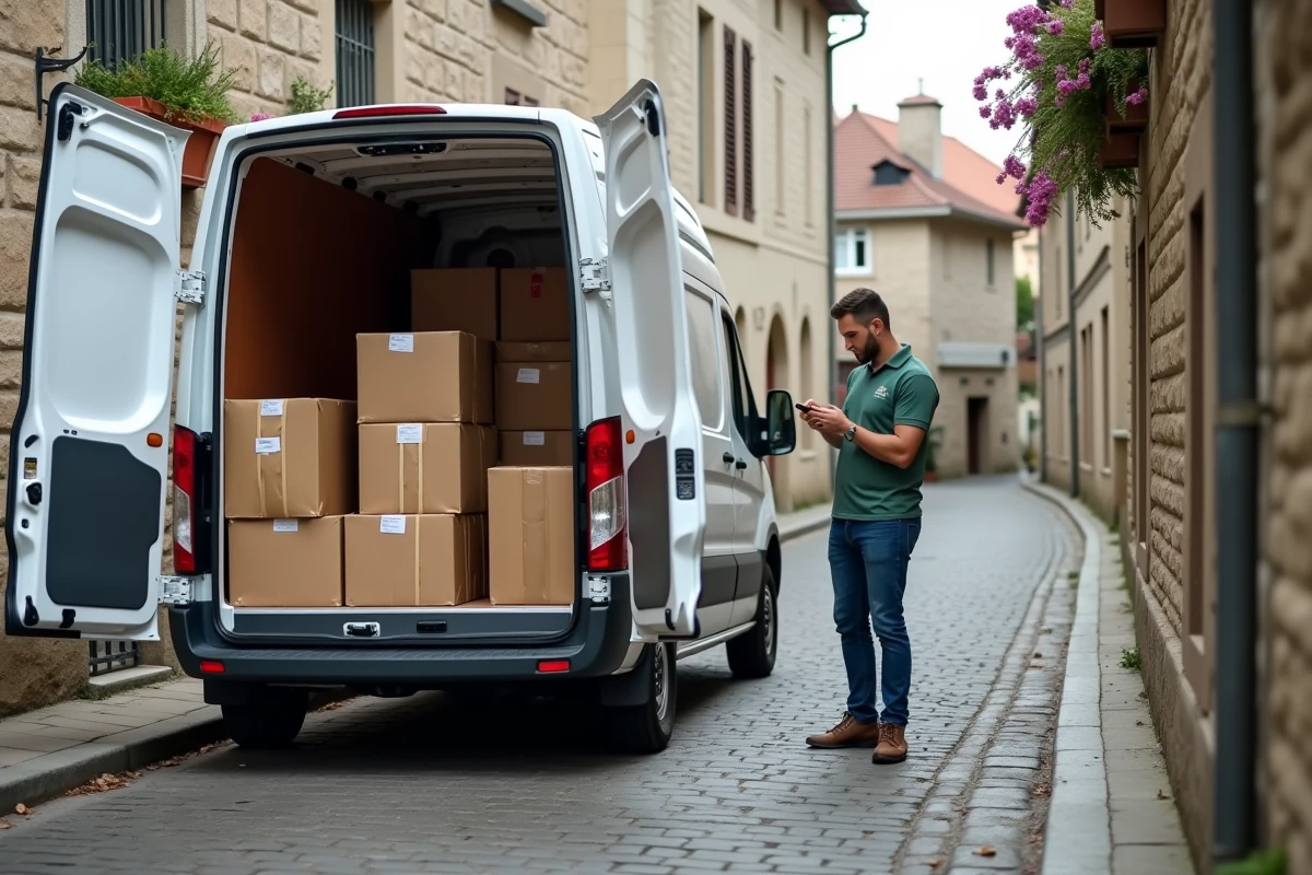 Chauffeur livreur consultant son smartphone devant un véhicule de livraison chargé de colis dans une rue française