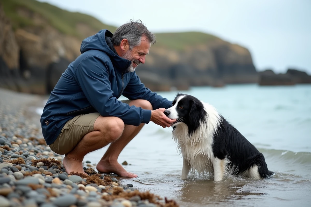 Homme et son chien border collie mouillé s'amusant au bord de l'eau sur une plage bretonne près de Vannes
