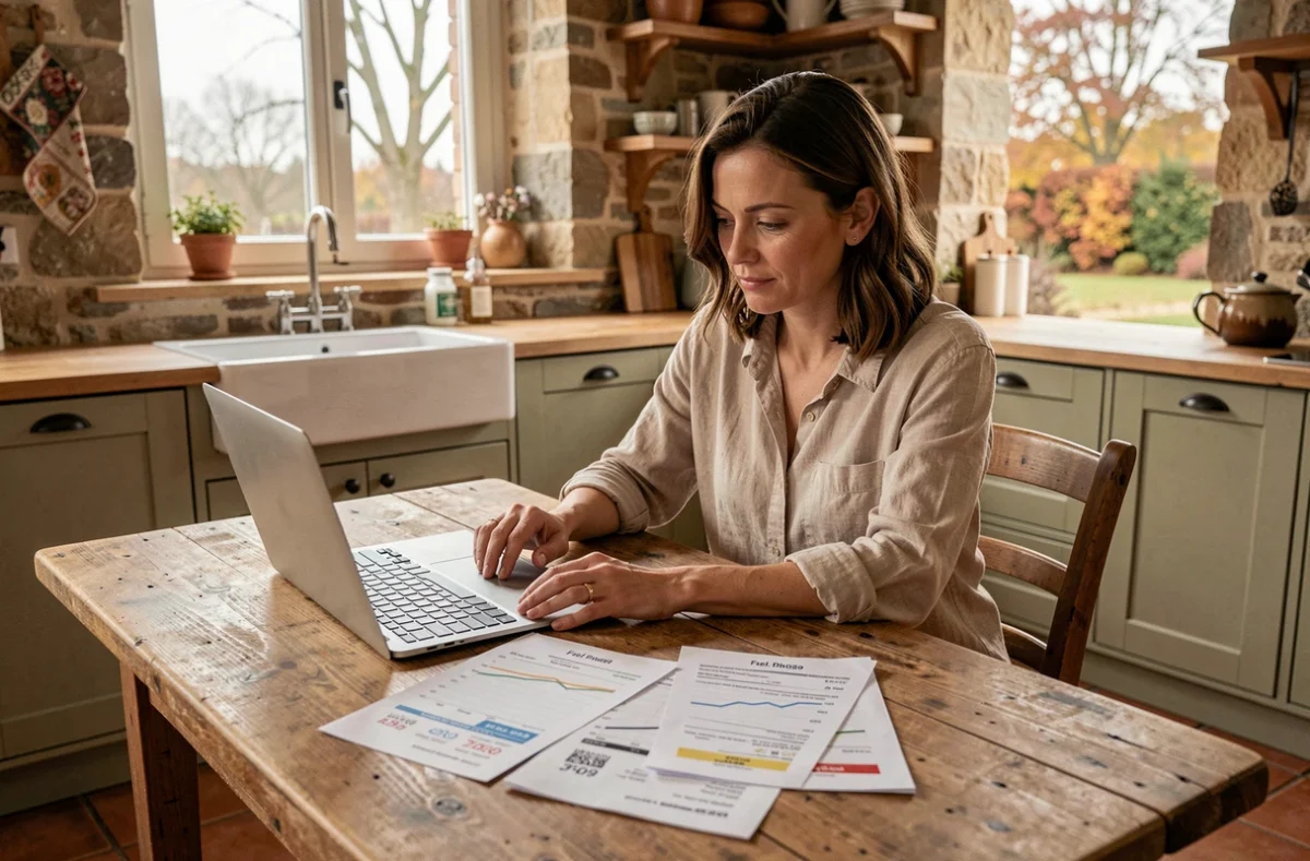 Femme consultant des tableaux comparatifs du prix du fioul domestique sur une table en bois dans une cuisine de maison de campagne