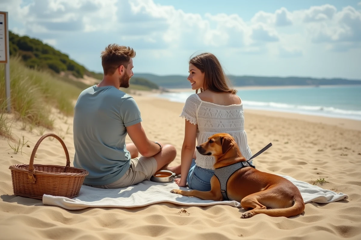 Couple avec leur chien en laisse installé pour un pique-nique sur une plage autorisée aux animaux près de Vannes