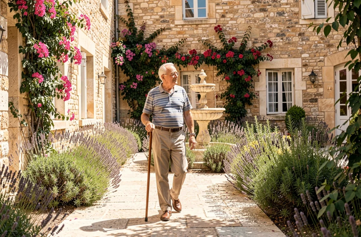 Personne âgée se promenant dans la cour intérieure d'une résidence senior entourée de lavande à Montpellier
