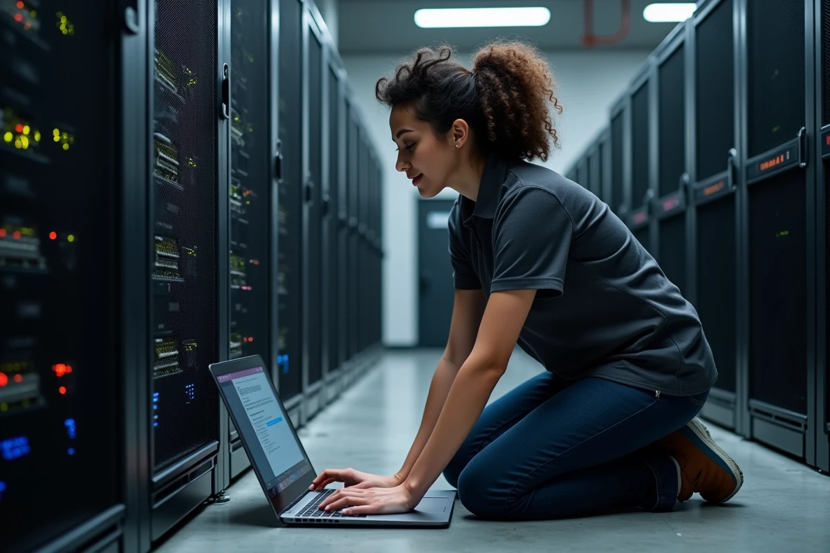 Technicienne informatique configurant le déploiement réseau d'Isacompta collaboratif en salle serveur