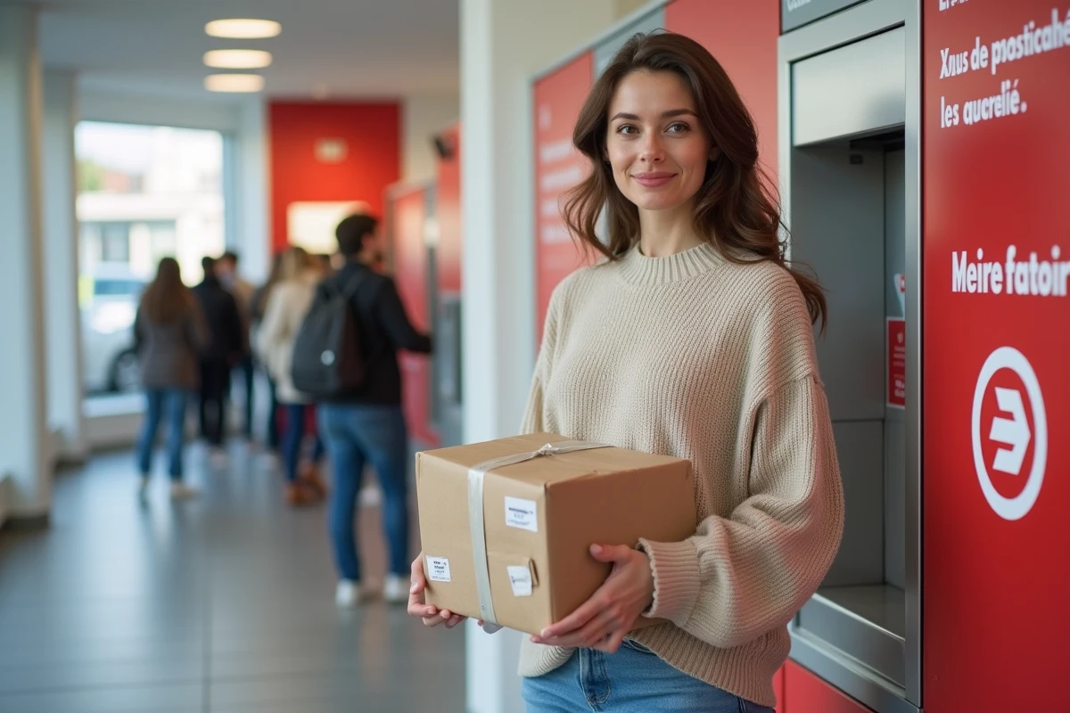 Femme déposant un colis dans un point relais automatisé dans une agence postale française