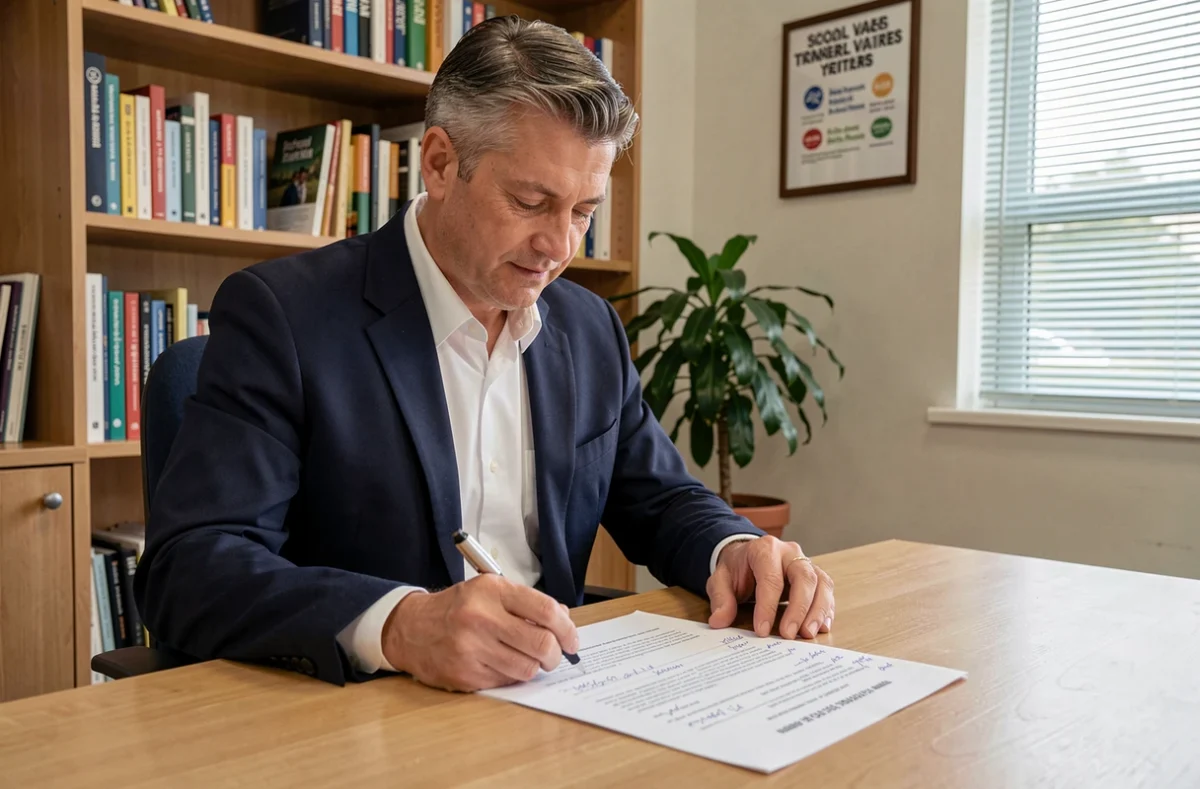 Directeur d'école lisant et annotant un projet éducatif institutionnel dans son bureau