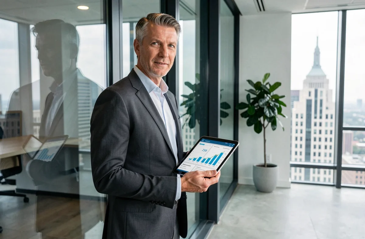 Dirigeant consultant des indicateurs de performance digitale sur tablette dans un bureau en hauteur avec vue panoramique sur la ville