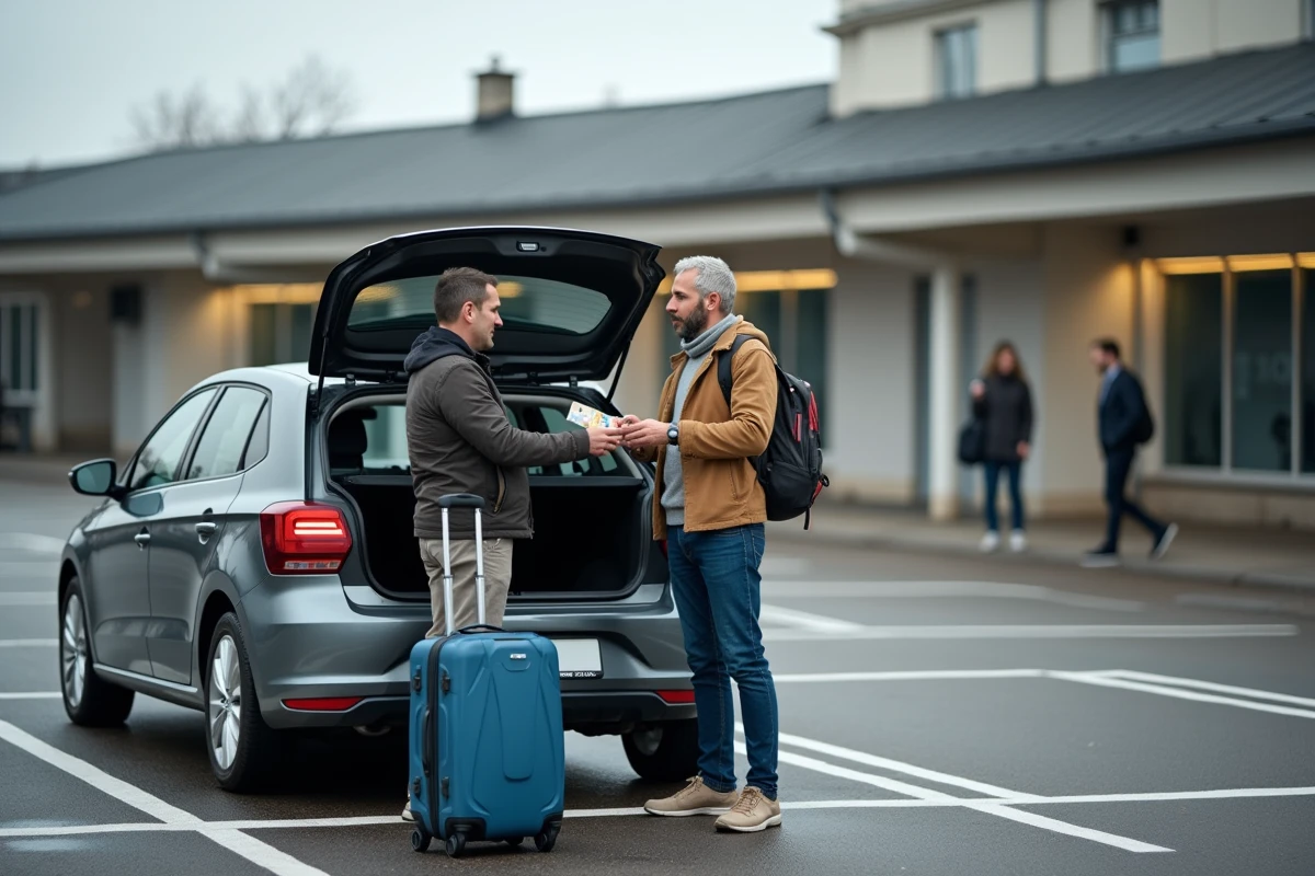 Deux covoitureurs échangeant des espèces en euros dans un parking de gare lors d'un trajet BlaBlaCar avec bagages