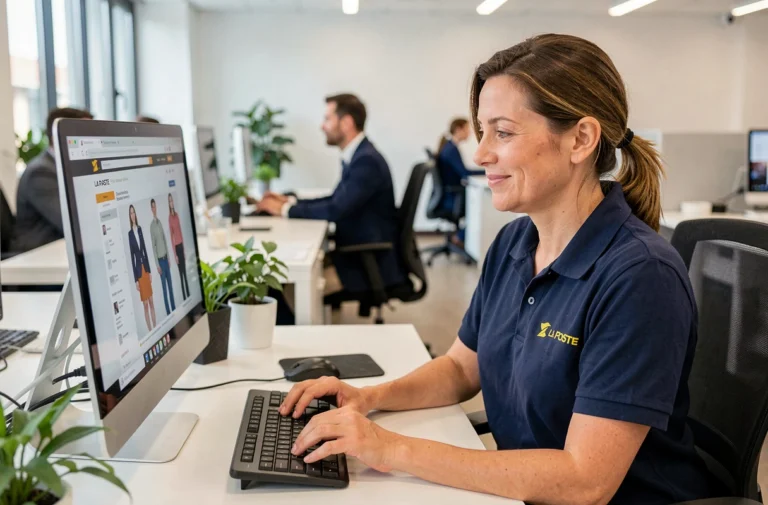 Employée La Poste en uniforme professionnel commandant sa tenue sur un portail en ligne au bureau