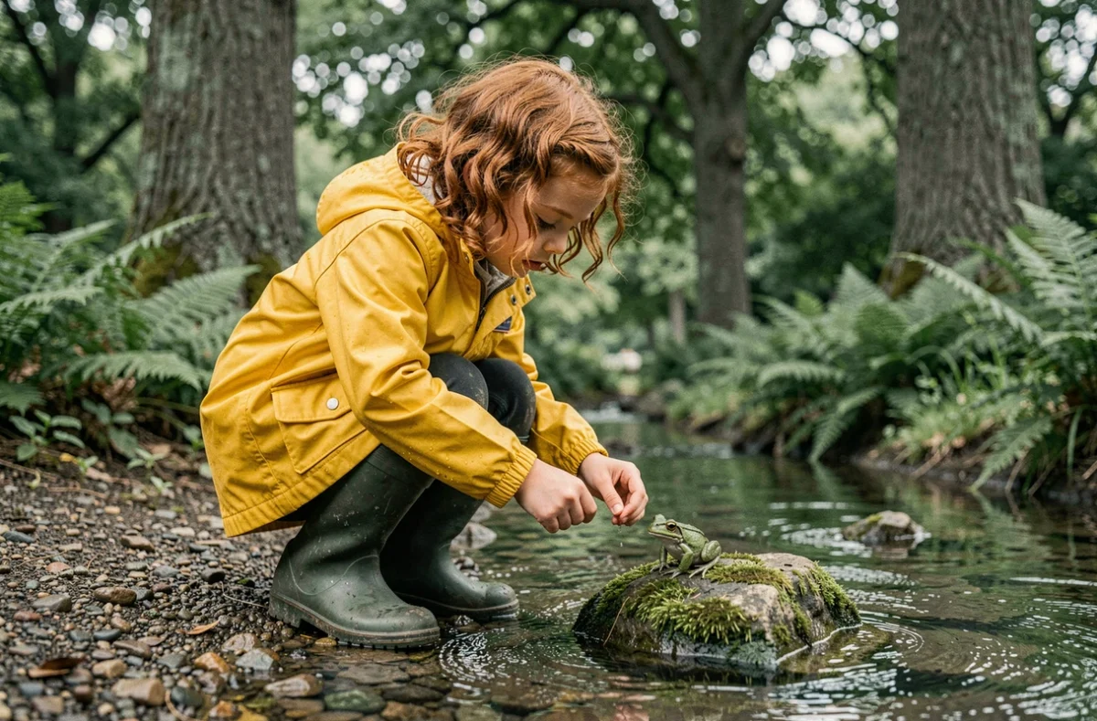 Petite fille en imperméable jaune observant une grenouille dans un parc naturel lors d'une sortie nature