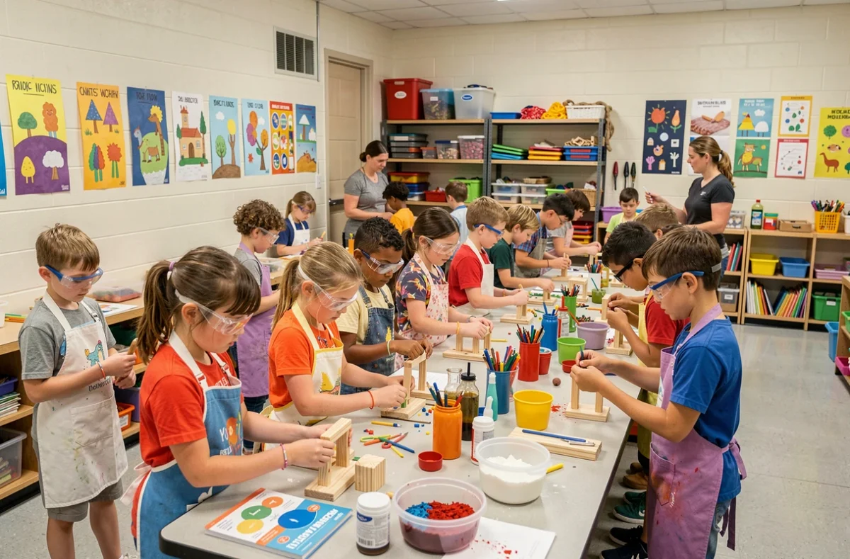 Groupe d'enfants participant à un atelier scientifique créatif dans un centre communautaire local