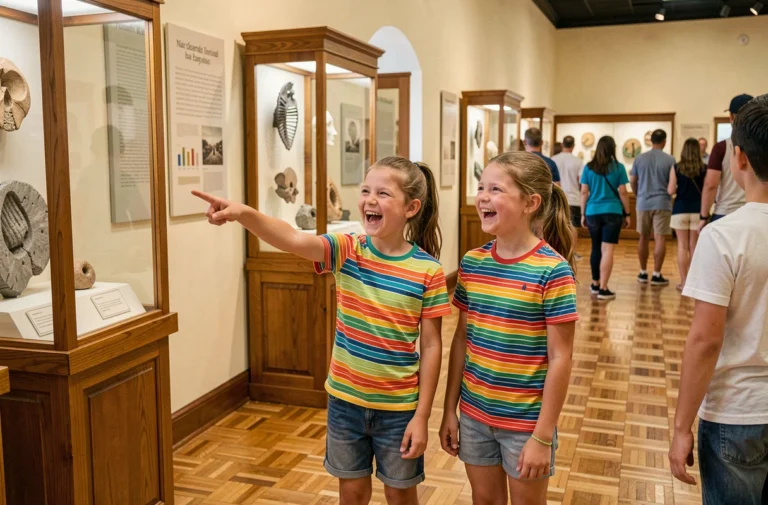 Enfants découvrant des fossiles dans un musée d'histoire naturelle lors d'une sortie éducative en famille