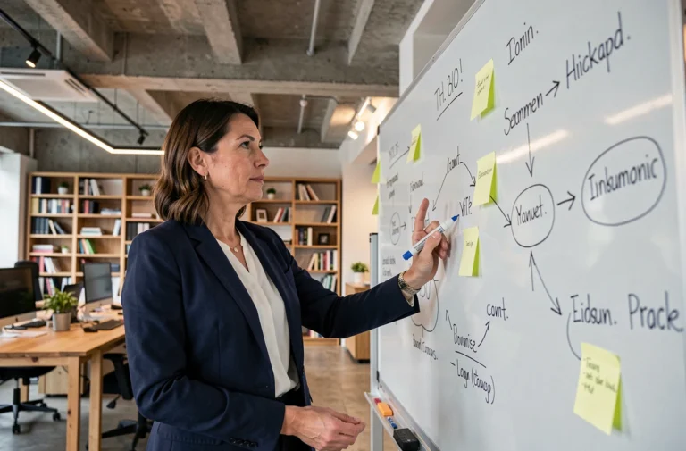 Entrepreneuse présentant un plan de projet sur un tableau blanc dans un bureau moderne et collaboratif