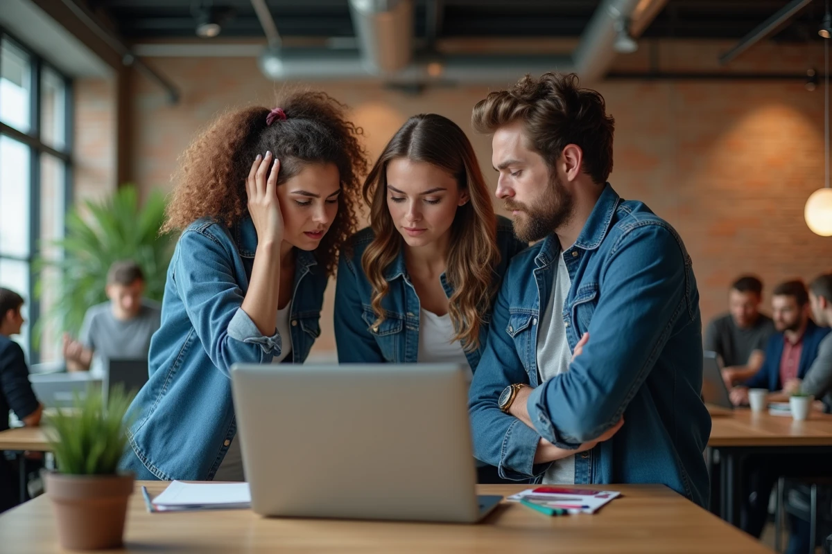 Trois jeunes professionnels bloqués par un processus décisionnel centralisé dans un espace de coworking moderne