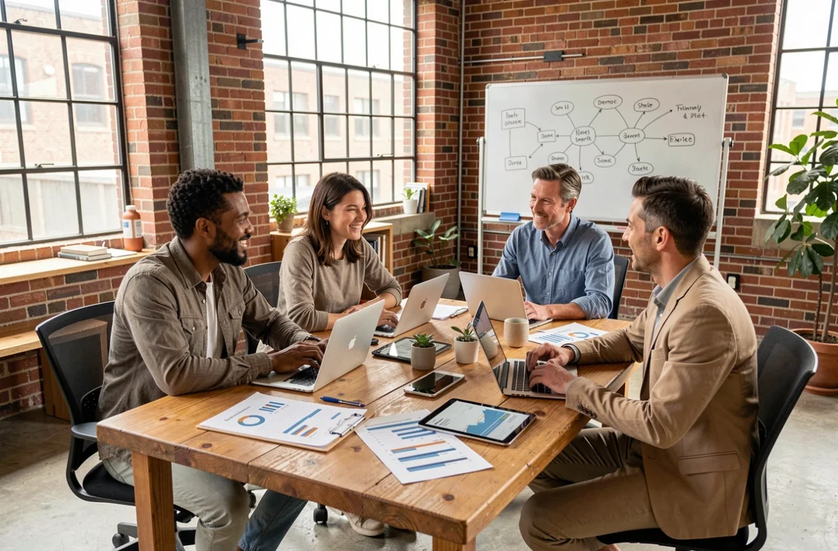Équipe diverse collaborant autour de solutions digitales innovantes pour améliorer la performance de l'entreprise en salle de réunion