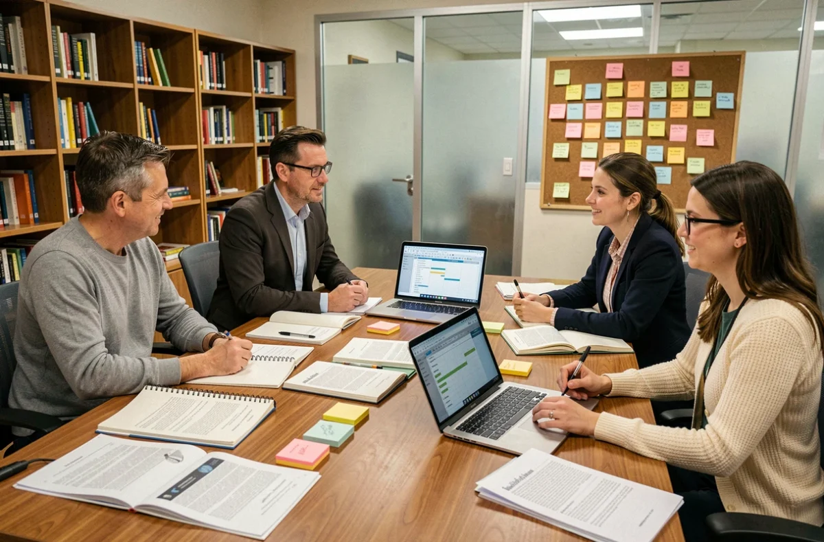 Équipe d'enseignants réunis autour d'une table pour élaborer un projet éducatif d'établissement scolaire