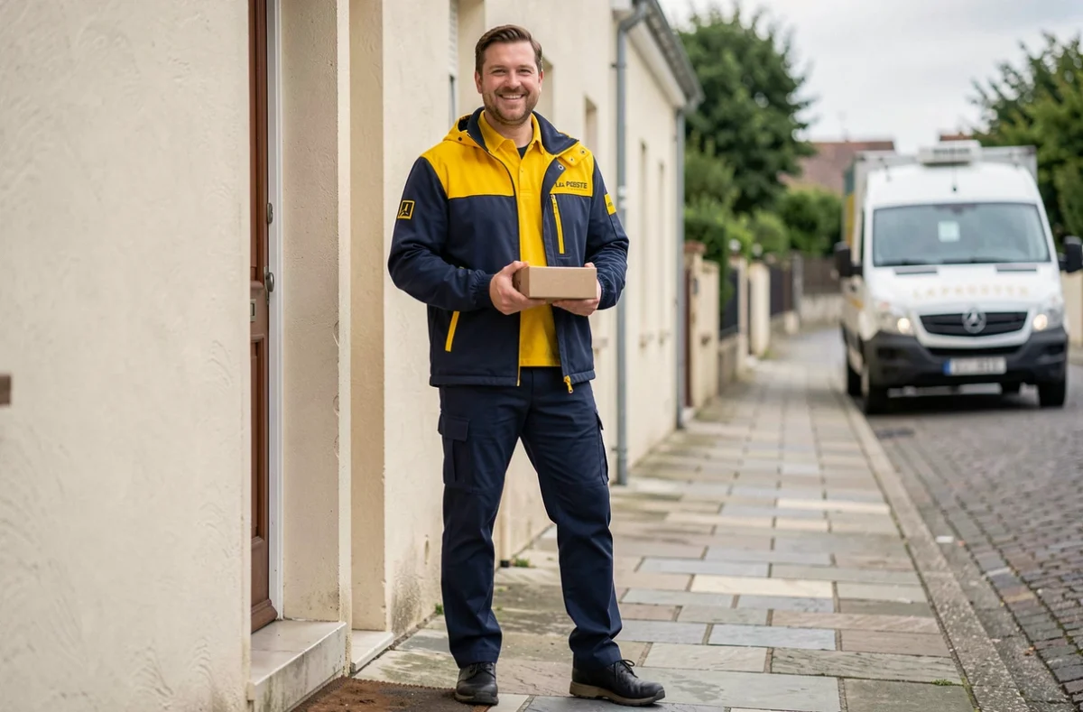 Facteur La Poste en tenue professionnelle complète livrant un colis dans une rue française