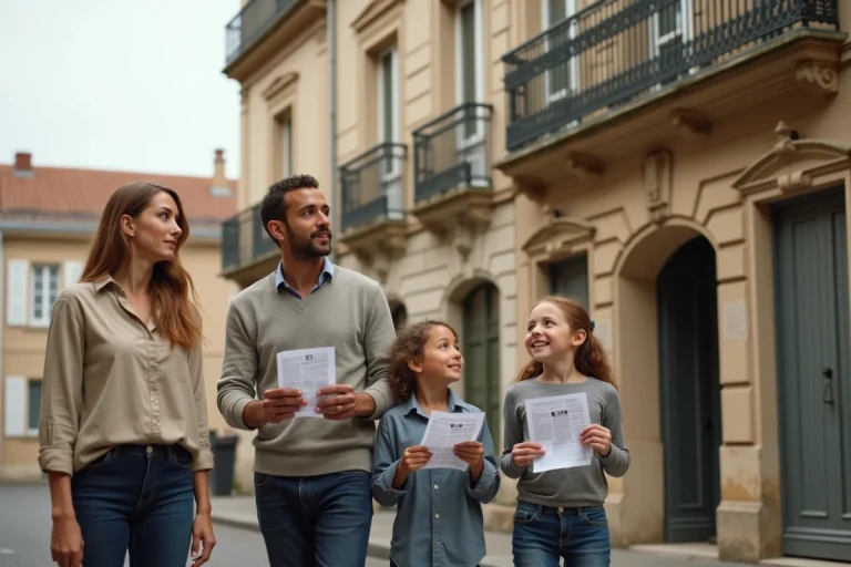 Famille avec enfants devant un immeuble haussmannien à Lyon lors d'une recherche d'appartement