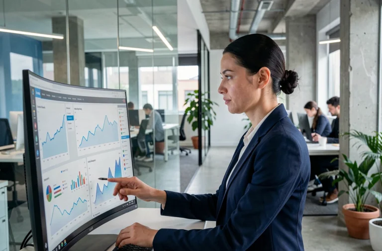 Femme d'affaires analysant des tableaux de bord numériques sur grand écran dans un bureau moderne pour booster la performance de l'entreprise