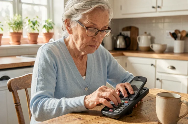 Femme âgée tapant un SMS sur un téléphone Doro à grandes touches dans une cuisine confortable