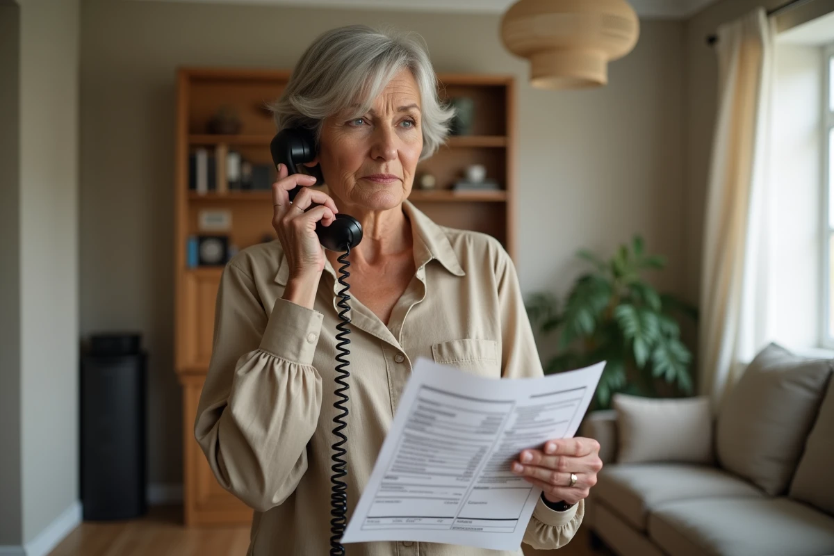 Femme senior au téléphone avec sa banque tenant un relevé de compte pour contester un paiement frauduleux