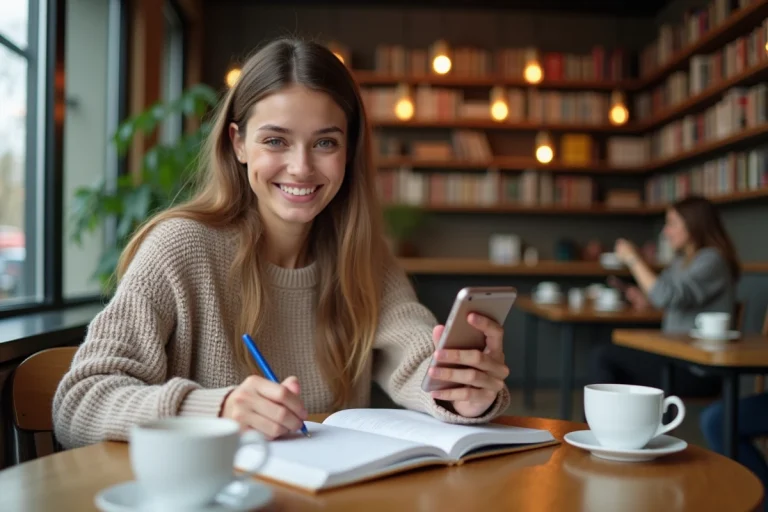 Jeune femme étudiant le français dans un café chaleureux