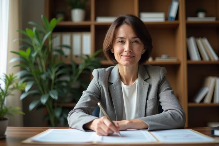 Femme consultant des documents juridiques lors d'une procédure de divorce dans un bureau à domicile organisé