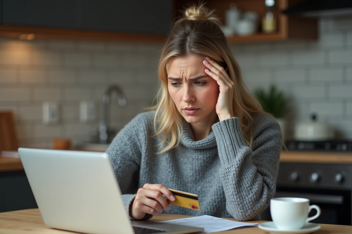 Femme inquiète tenant une carte bancaire devant son ordinateur après avoir payé sur un site suspect