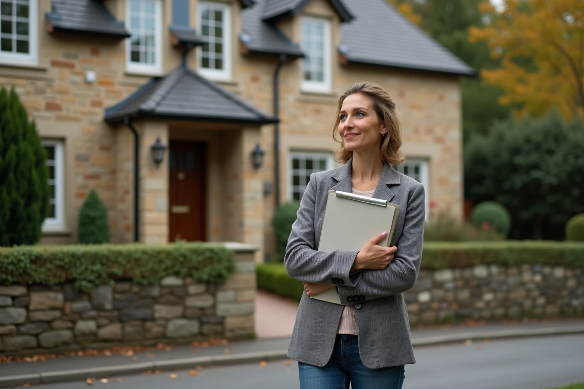 Femme regardant la maison en pierre dans un quartier calme