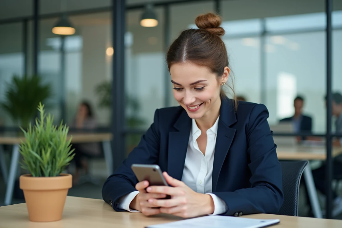 Femme professionnelle utilisant l'application OnoffApp sur smartphone dans un bureau moderne pour gérer ses communications MMSP