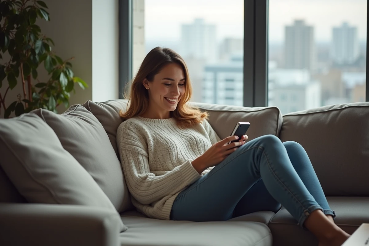 Femme souriante utilisant son smartphone dans un salon cosy