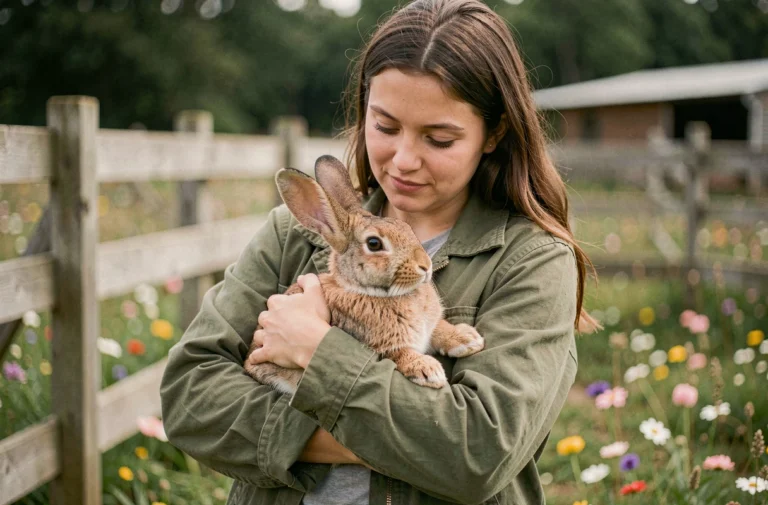 Femme tenant un lapin sauvé dans un sanctuaire animalier, illustrant la défense et la libération animale
