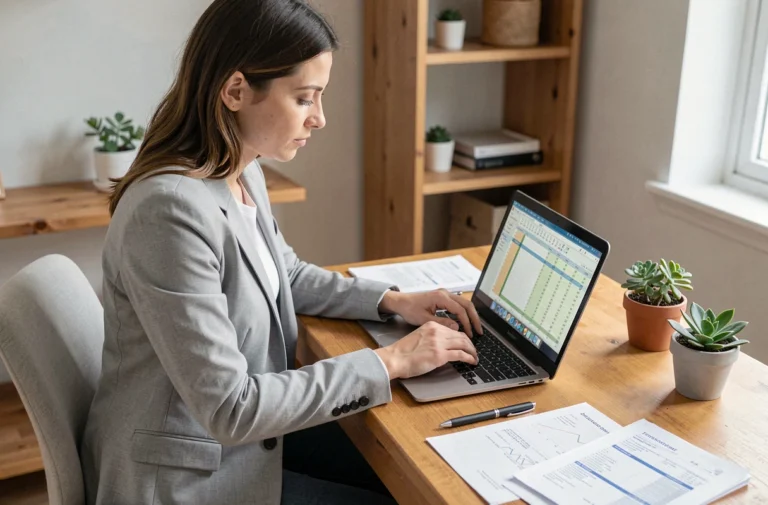 Femme en blazer gris gérant son budget personnel sur un ordinateur portable dans un bureau à domicile organisé