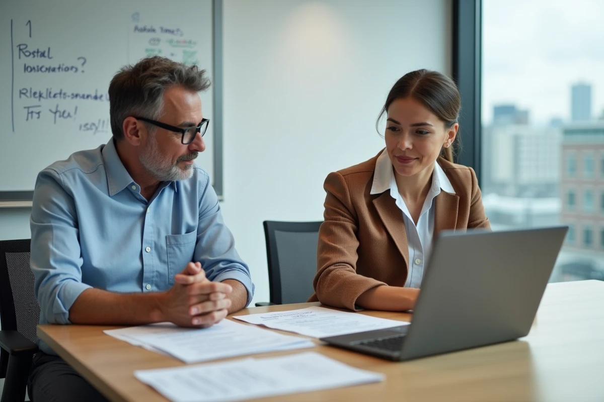 Deux collègues consultant le guide d'installation d'Isacompta collaboratif en salle de réunion