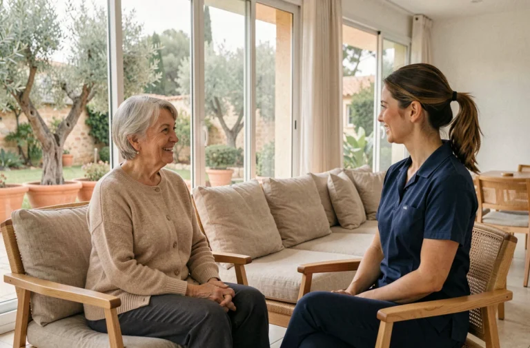 Résidente senior souriante discutant avec une aide soignante dans le salon d'un hébergement moderne à Montpellier