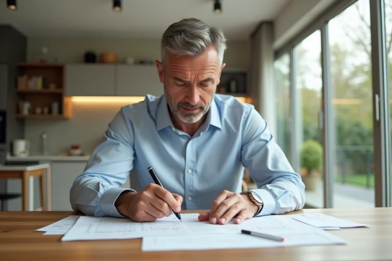 Homme d'affaires concentré à la maison dans une cuisine lumineuse