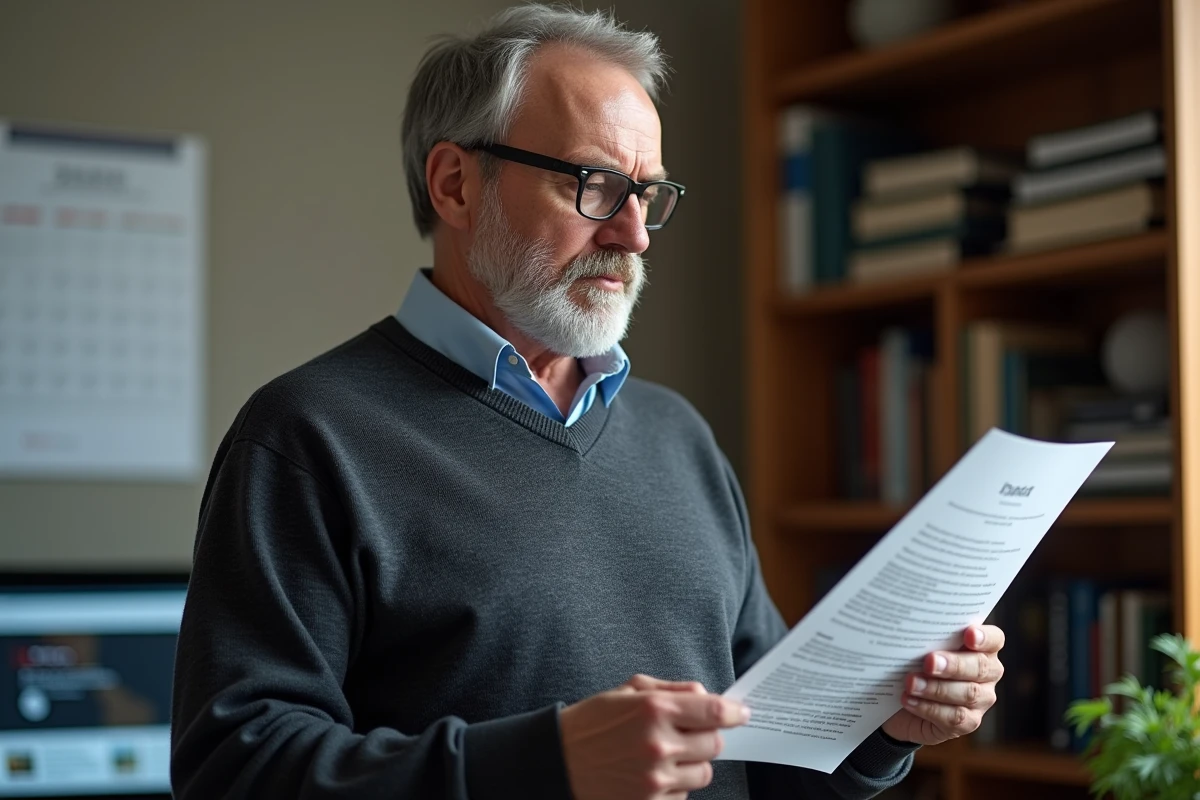 Un homme d'une cinquantaine d'années consulte chez lui un document légal concernant la nouvelle loi sur le rachat de rente accident du travail