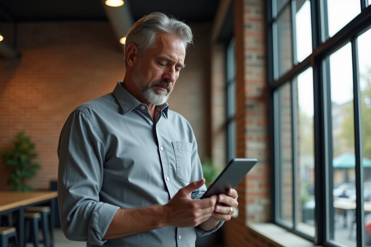 Homme entrepreneur consultant une interface de gestion MMSP sur tablette dans un espace de coworking