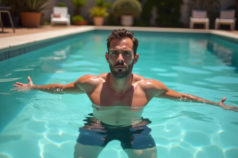 Homme adulte en maillot de bain tentant de flotter dans une piscine extérieure avec une expression perplexe, bras écartés sur la surface de l'eau