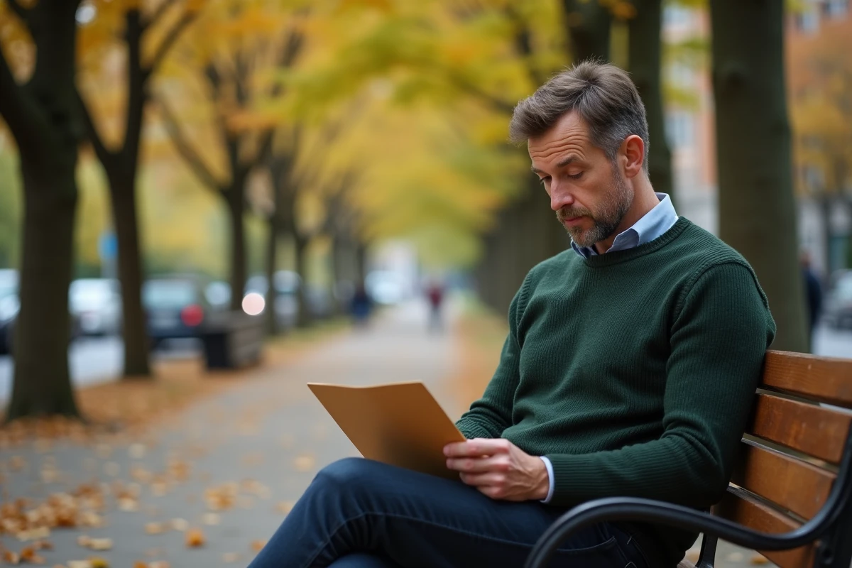 Homme seul dans un parc tenant une enveloppe de documents pendant une période de divorce