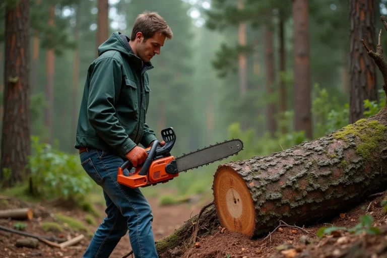 Homme d'âge moyen avec tronçonneuse en forêt