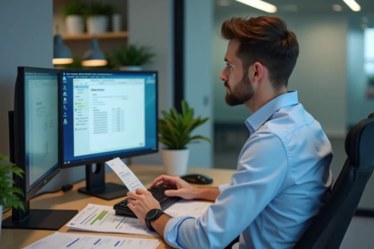Comptable installant le logiciel Isacompta collaboratif sur un poste de travail en entreprise