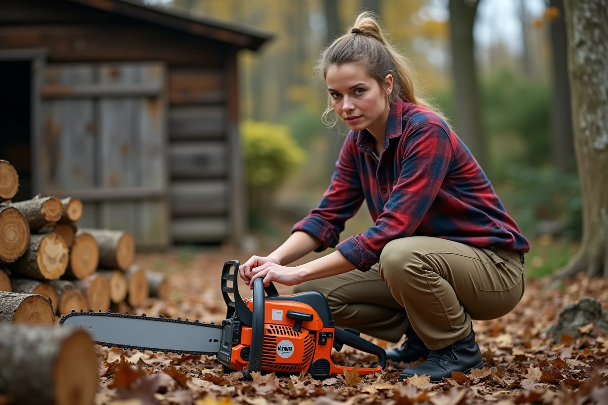 Jeune femme préparant une tronçonneuse dehors