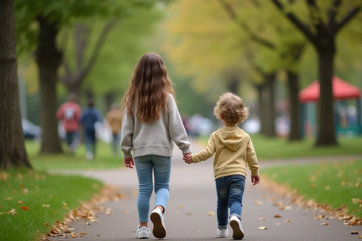 Adolescente marchant avec un enfant dans un parc arboré en extérieur