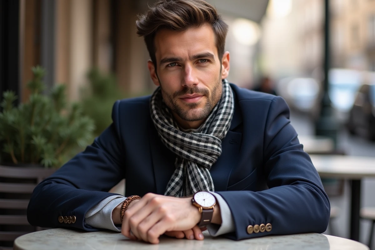 Jeune homme en blazer et écharpe au café en ville