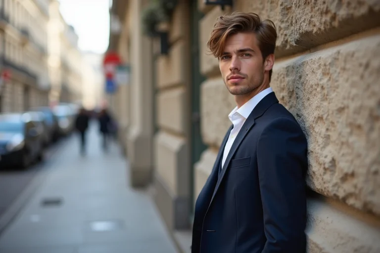 Jeune homme en costume à Paris avec mur en pierre